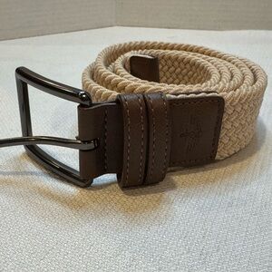 EUC Dockers Men's Light Tan Braided Woven Belt w/Leather Tabs Gunmetal Buckle XL